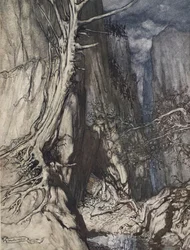 "Há um dragão terrível que ele peregrina, e em uma caverna vigia o anel de Alberich", ilustração de "O Rhinegold e a Valquíria", 1910